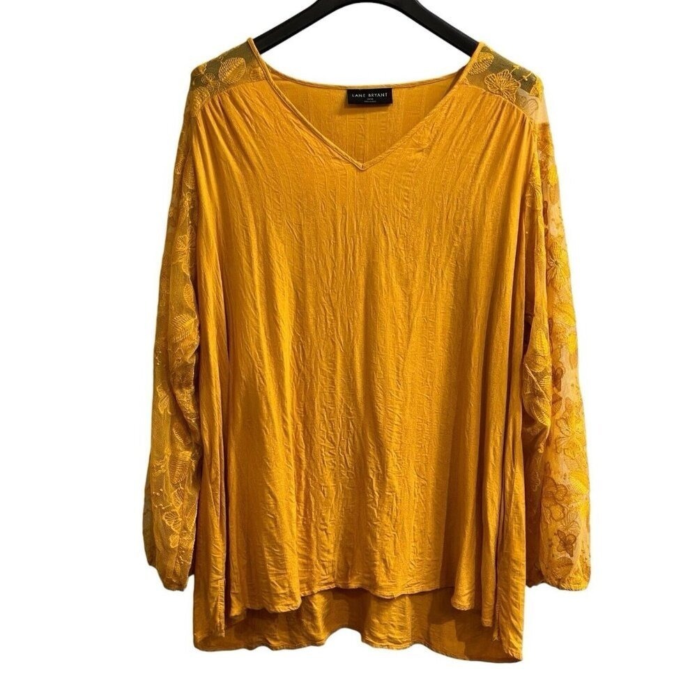 Lane Bryant Tunic 26/28 Yellow Embroidered Sheer Lace Sleeve Peasant Boho Gypsy‎